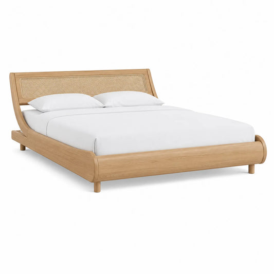 Doppelbett aus Eichenholz mit Rattan-Kopfteil 200x160 cm