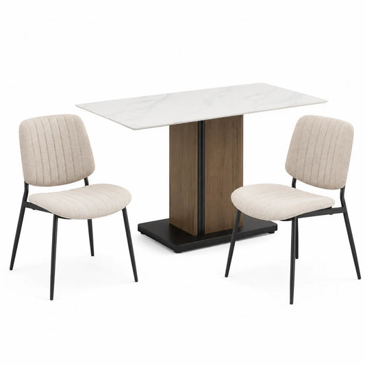 Esszimmer-Set mit Tisch und 2 Stühlen, Stoff, Metall, Beige