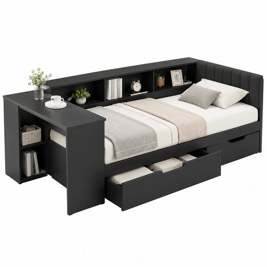 Einzelbett mit Stauraum und Schubladen in Schwarz