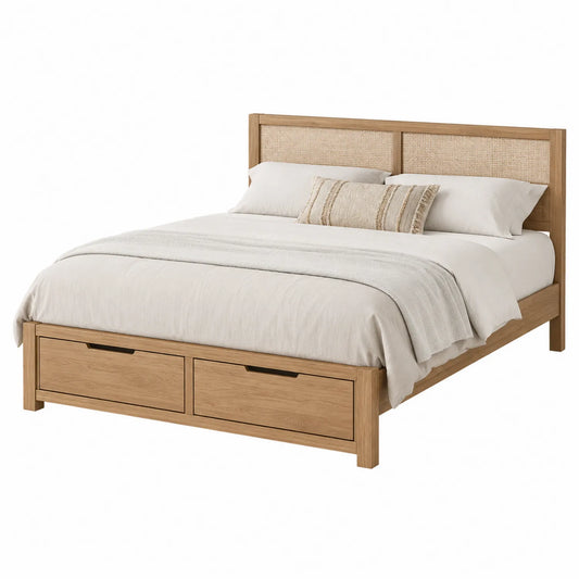 Holzbett mit Rattan-Kopfteil und Schubladen 200x180 cm