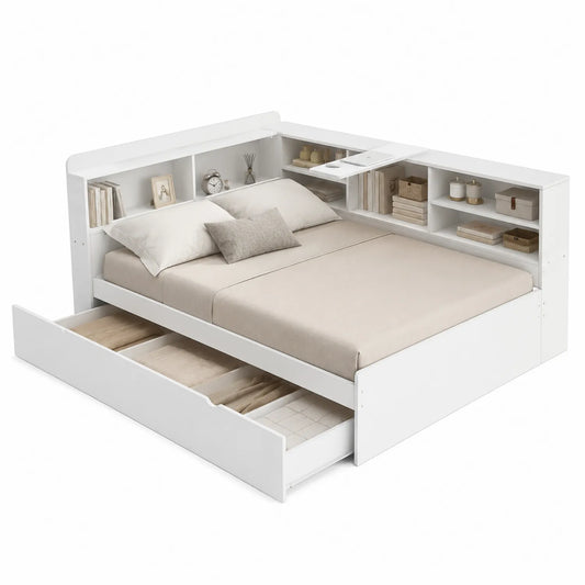 Doppelbett mit Schubladen und Regalen aus Holz in Weiß 200x160 cm